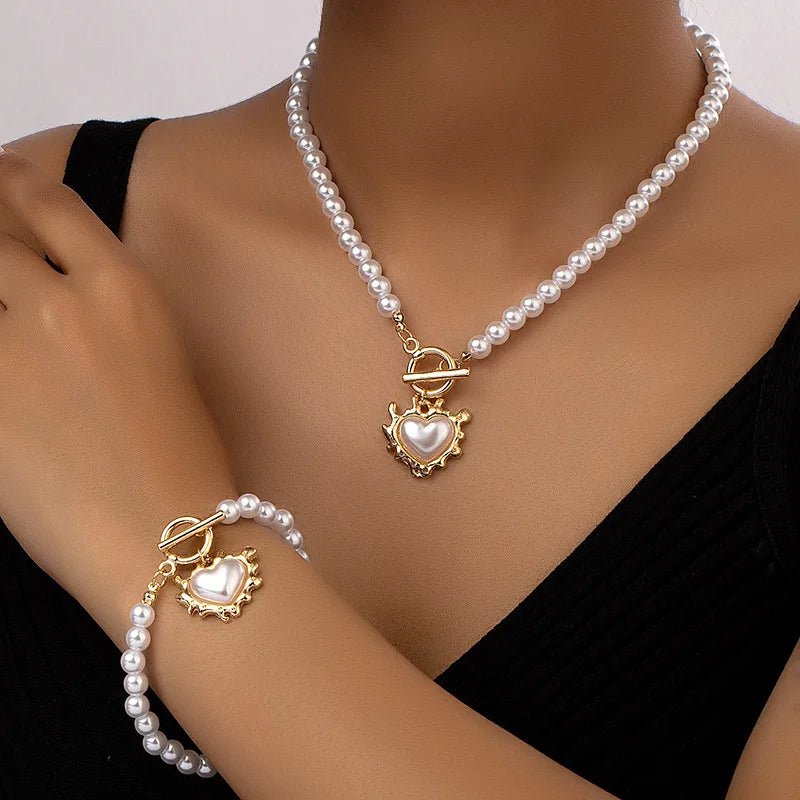 Women’s Jewelry Set White Pearl Stainless Steel Beaded Heart Pendant