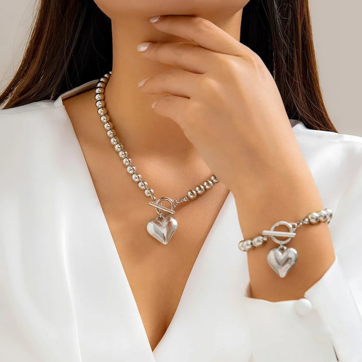 Women’s Jewelry Set White Pearl Stainless Steel Beaded Heart Pendant