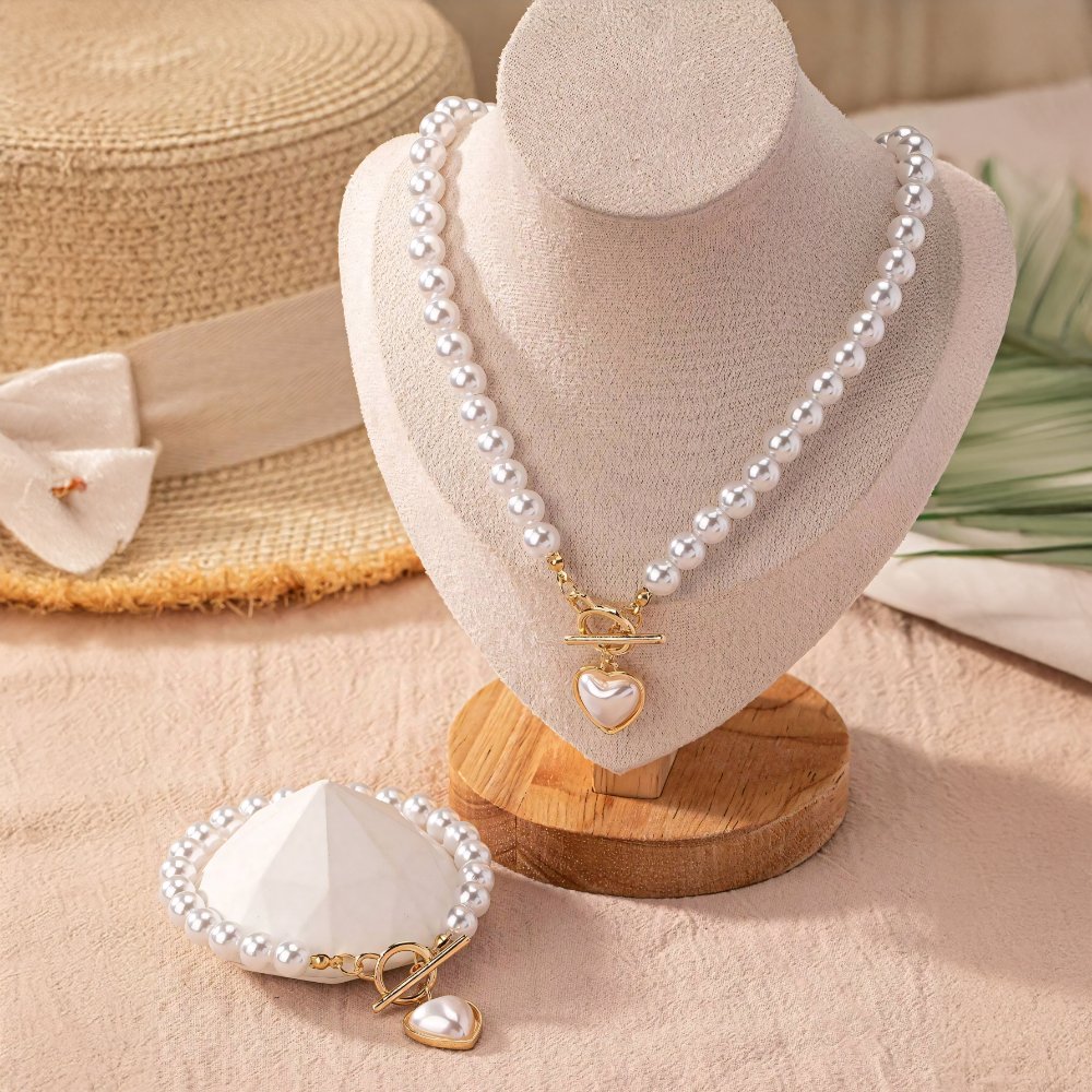 Women’s Jewelry Set White Pearl Stainless Steel Beaded Heart Pendant