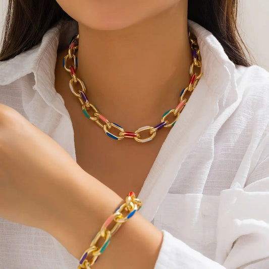 Women’s Necklace and Bracelet Set Gold Stainless Steel Colorful Accents