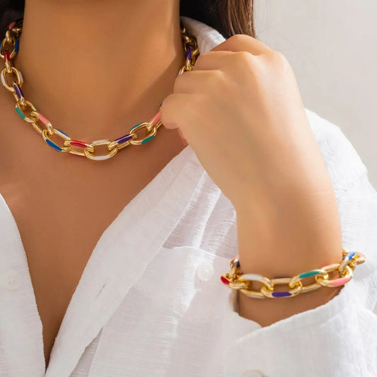 Women’s Necklace and Bracelet Set Gold Stainless Steel Colorful Accents