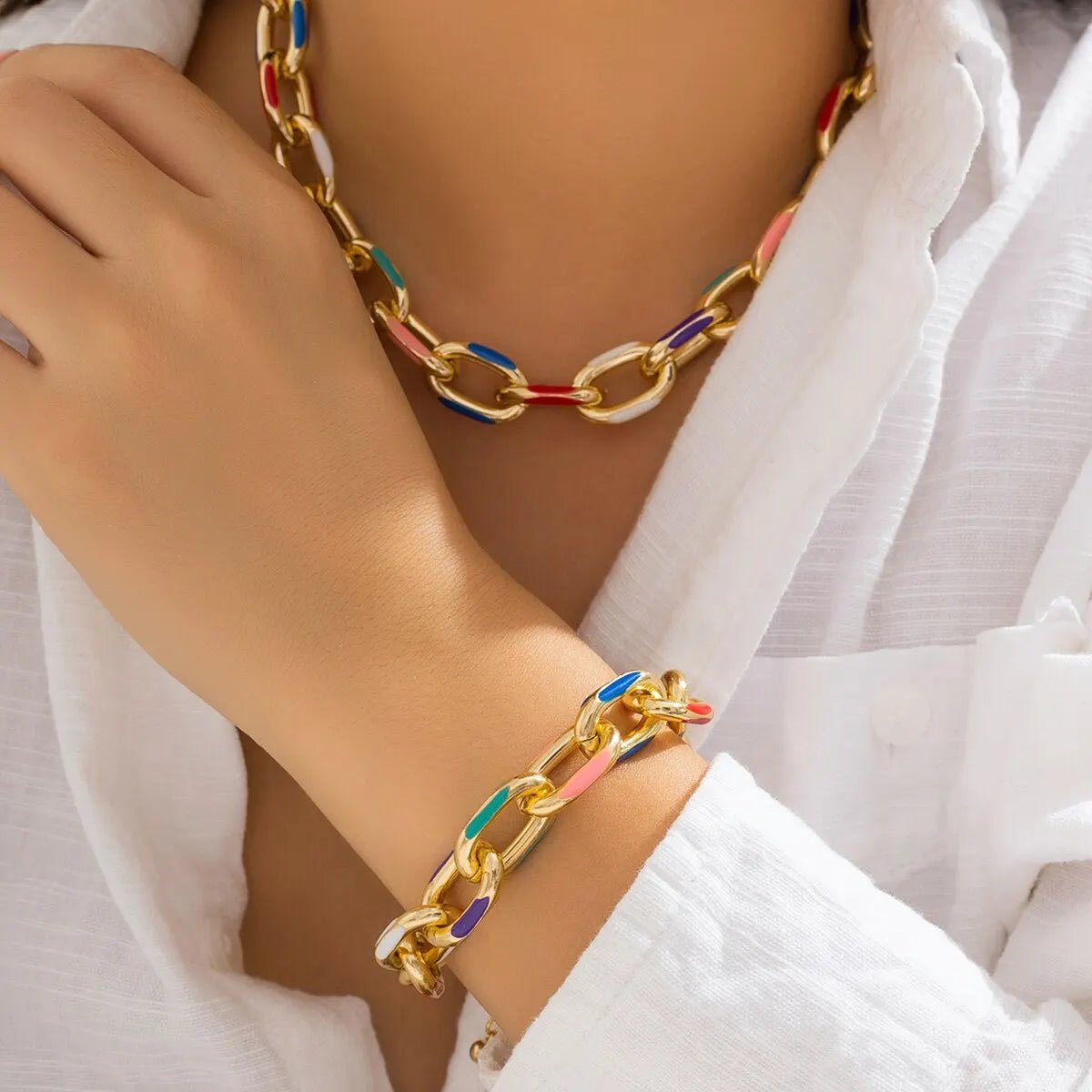 Women’s Necklace and Bracelet Set Gold Stainless Steel Colorful Accents