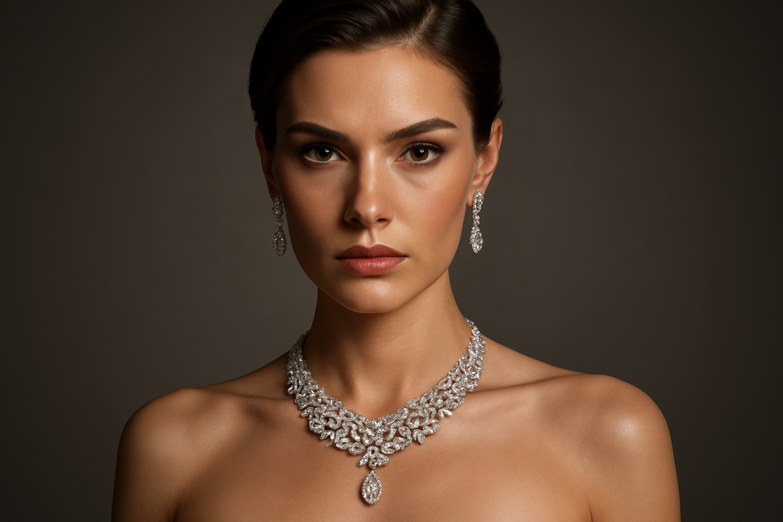 women wearing a nice luxury necklace and earring, in serious model look