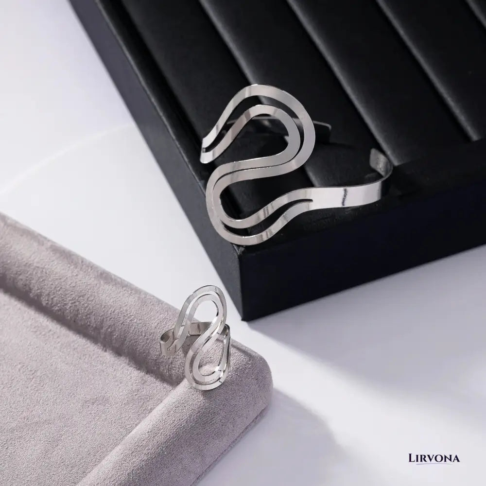 Women’s Adjustable Bracelet Ring Set Silver Stainless Steel