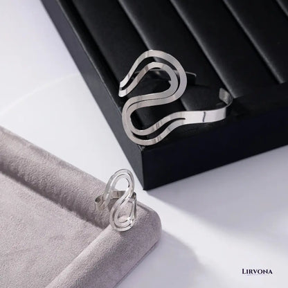 Women’s Adjustable Bracelet Ring Set Silver Stainless Steel