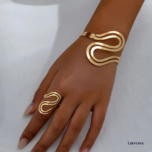Women’s Adjustable Bracelet Ring Set Silver Stainless Steel