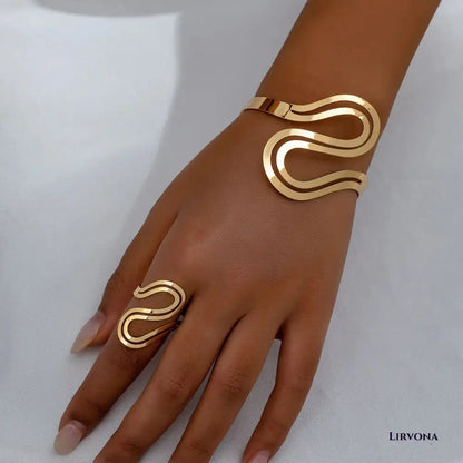 Women’s Adjustable Bracelet Ring Set Silver Stainless Steel