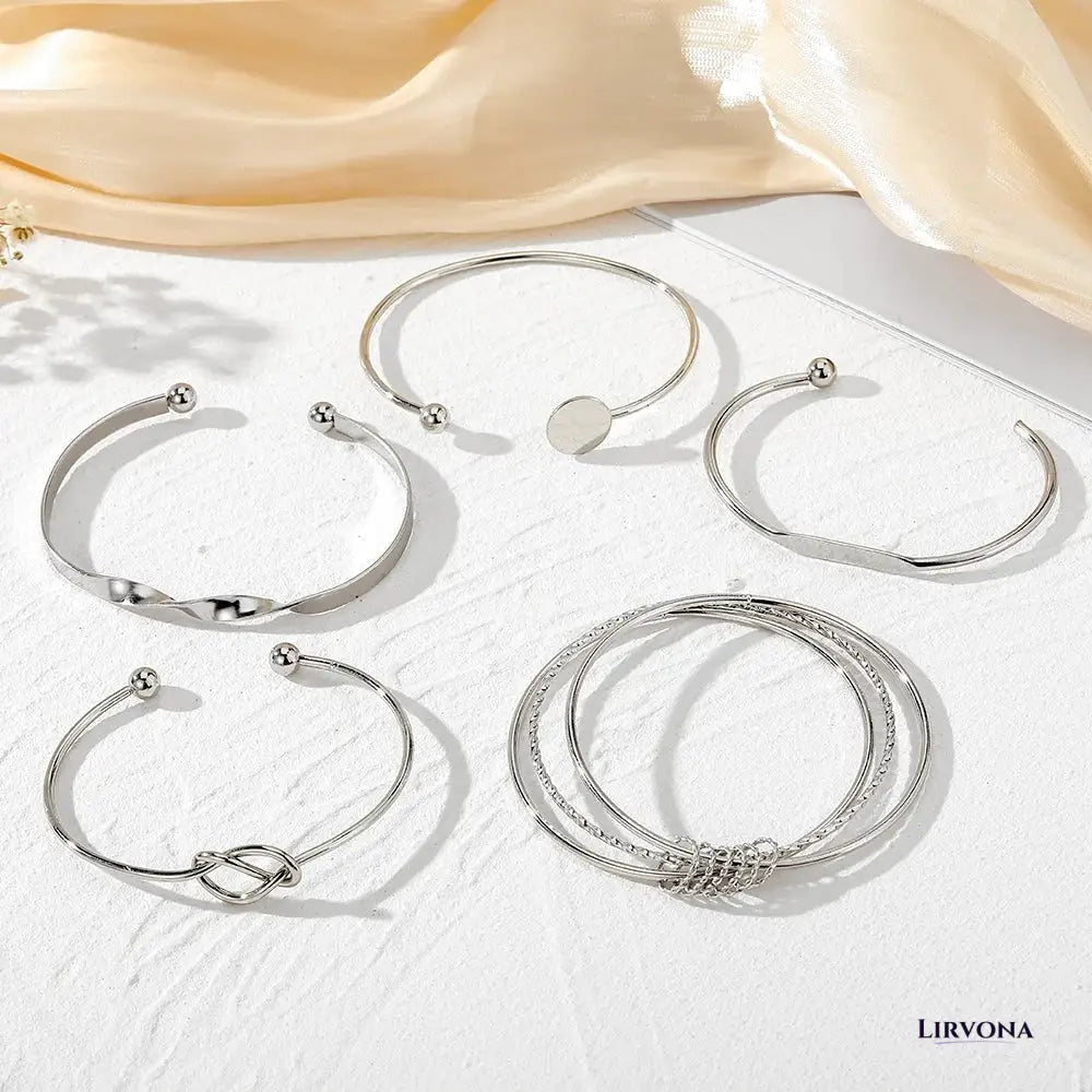 Women’s Bangle Bracelet Set Silver Stainless Steel 5 Piece Stack