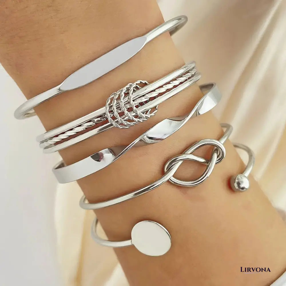 Women’s Bangle Bracelet Set Silver Stainless Steel 5 Piece Stack