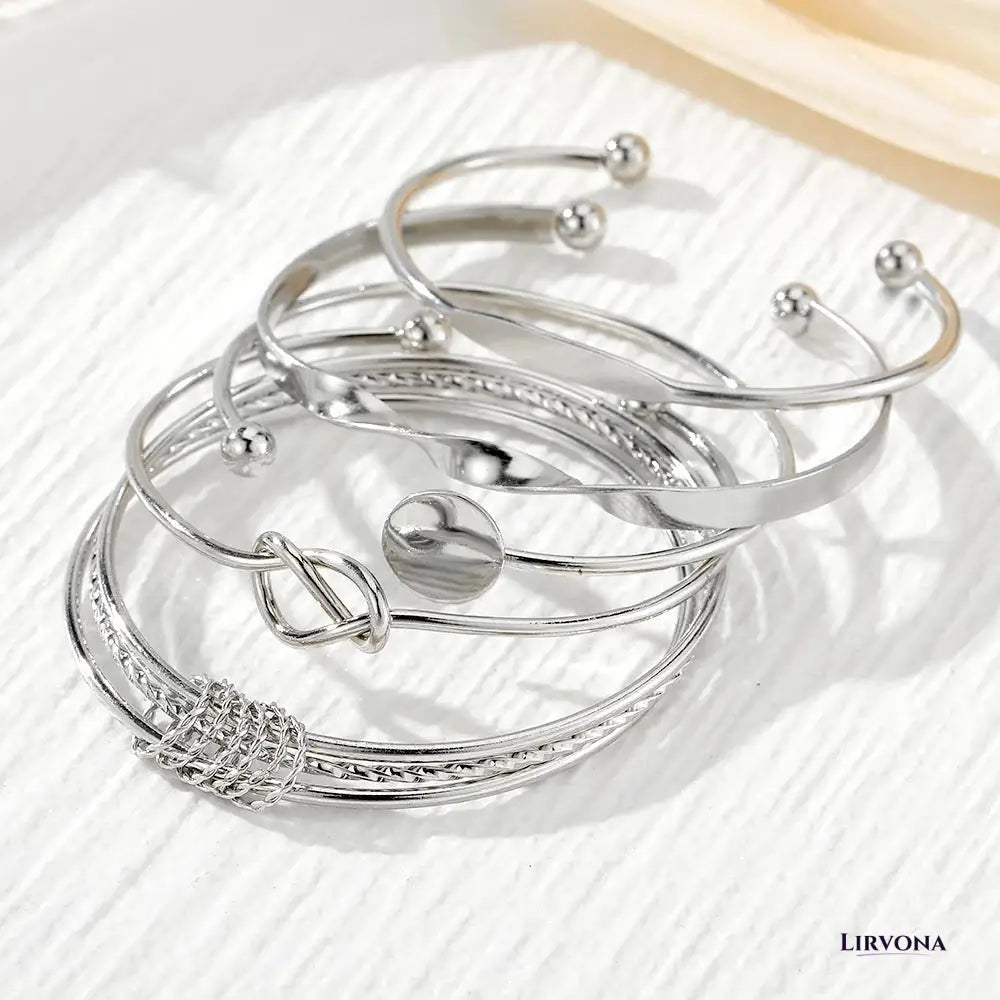 Women’s Bangle Bracelet Set Silver Stainless Steel 5 Piece Stack