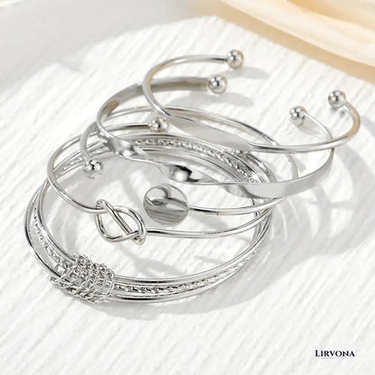 Women’s Bangle Bracelet Set Silver Stainless Steel 5 Piece Stack