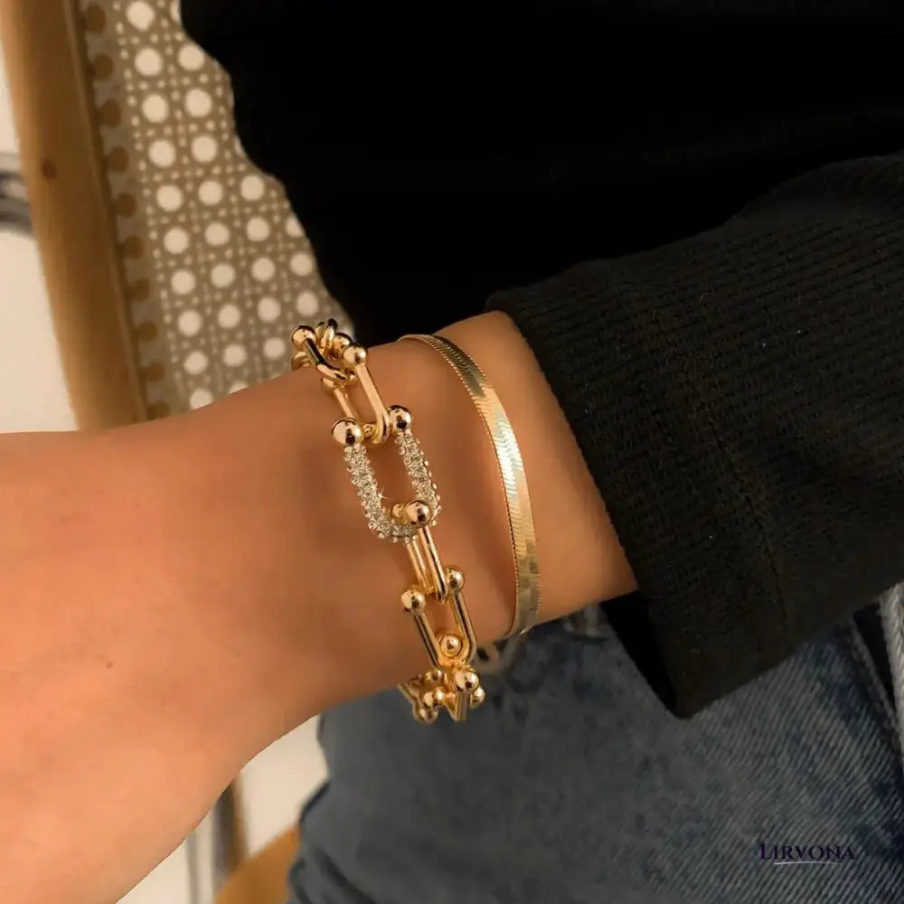 Women’s Bracelet Set Gold Stainless Steel Chain Lock & Herringbone