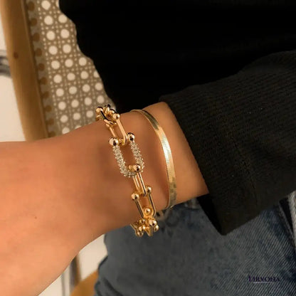 Women’s Bracelet Set Gold Stainless Steel Chain Lock & Herringbone
