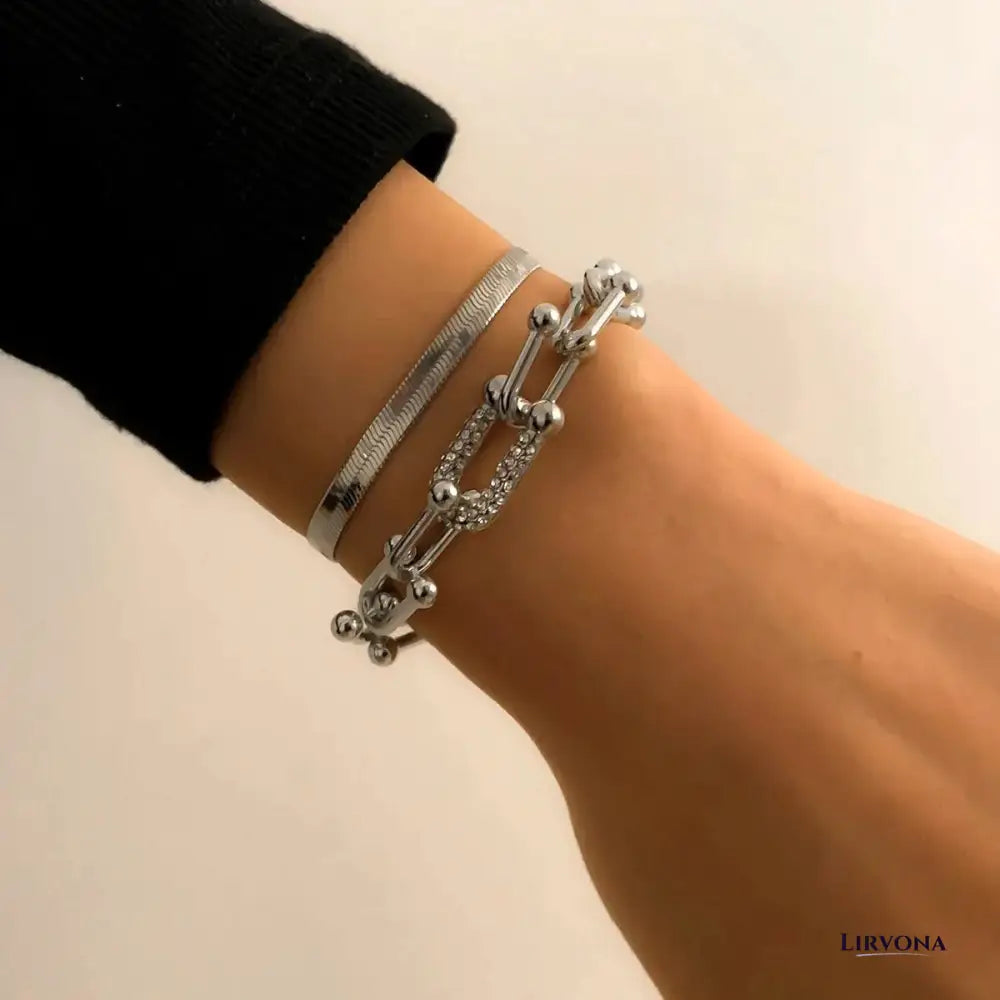 Women’s Bracelet Set Gold Stainless Steel Chain Lock & Herringbone