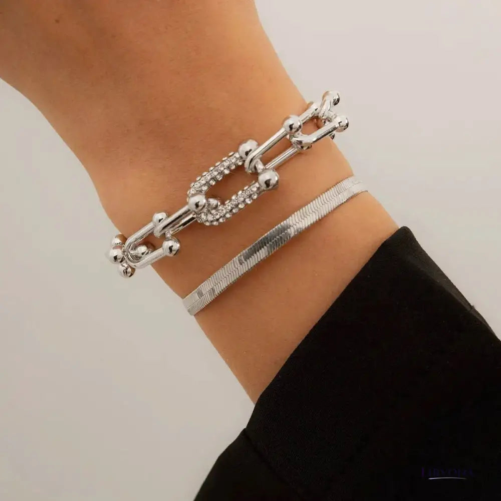 Women’s Bracelet Set Gold Stainless Steel Chain Lock & Herringbone