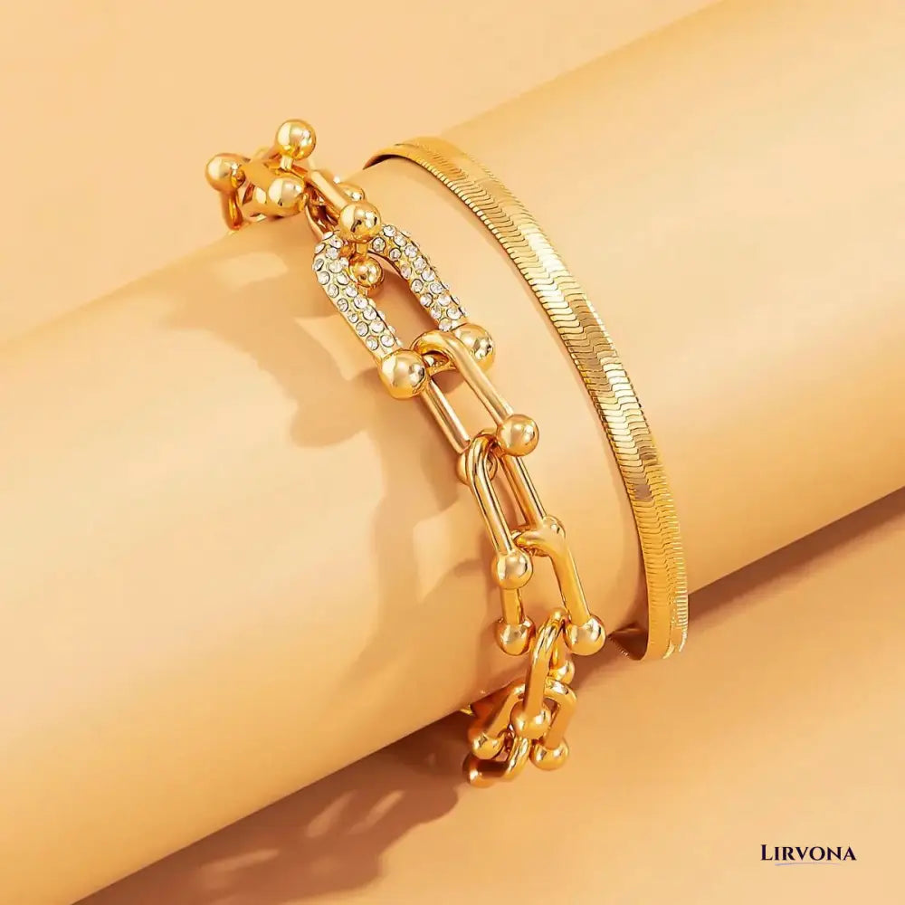 Women’s Bracelet Set Gold Stainless Steel Chain Lock & Herringbone