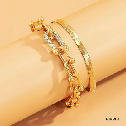 Women’s Bracelet Set Gold Stainless Steel Chain Lock & Herringbone