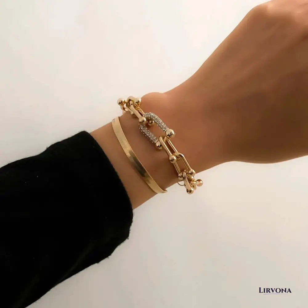 Women’s Bracelet Set Gold Stainless Steel Chain Lock & Herringbone