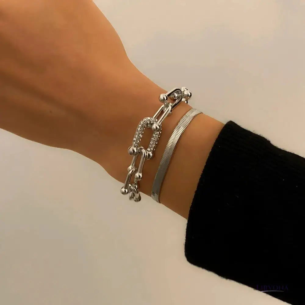 Women’s Bracelet Set Gold Stainless Steel Chain Lock & Herringbone
