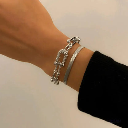 Women’s Bracelet Set Gold Stainless Steel Chain Lock & Herringbone