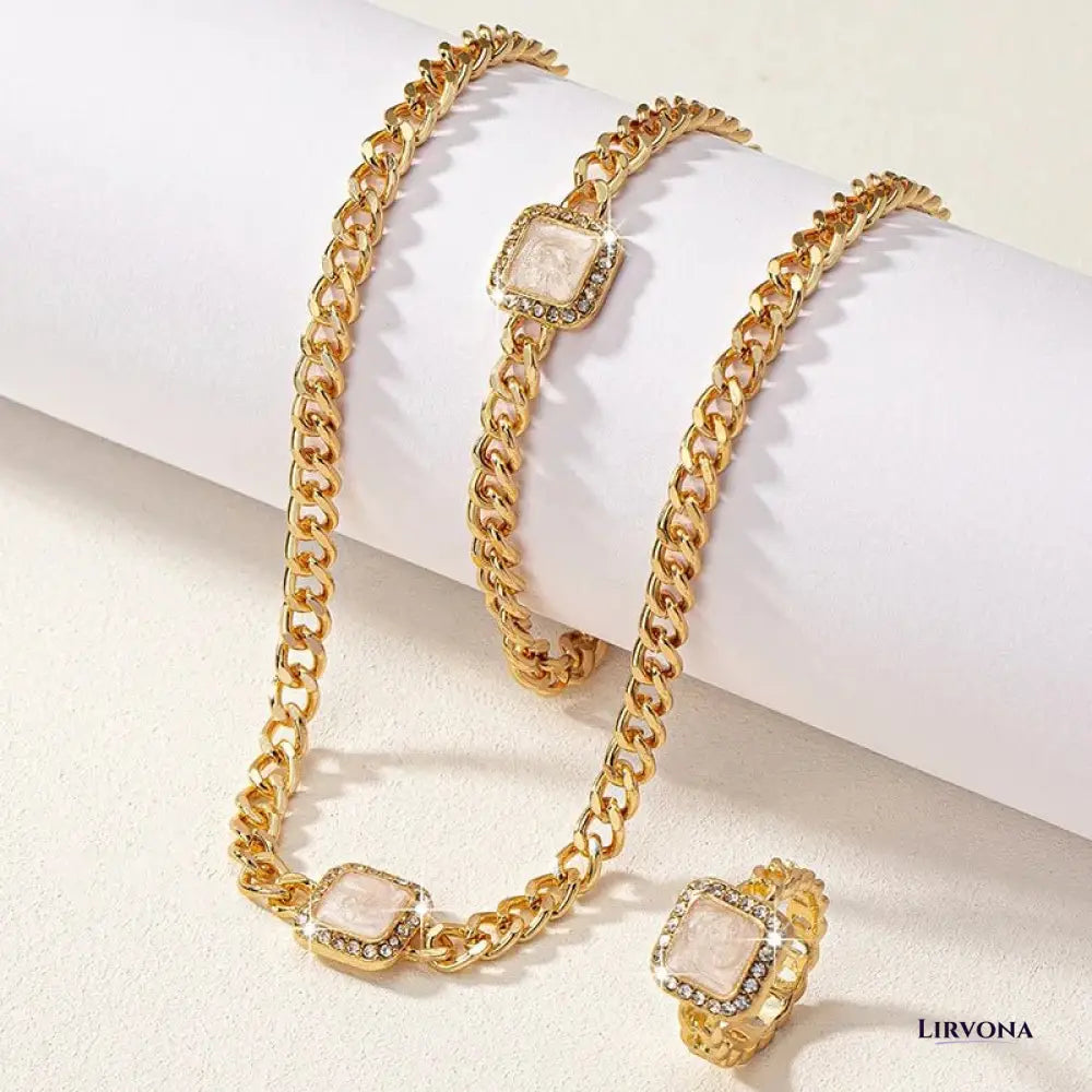 Women’s Jewelry Set Black Stainless Steel Diamond Cuban Chain Ring