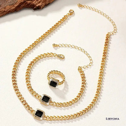 Women’s Jewelry Set Black Stainless Steel Diamond Cuban Chain Ring