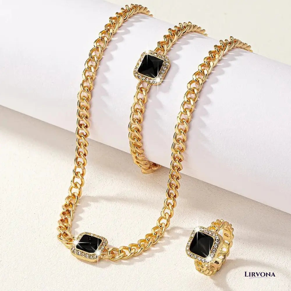 Women’s Jewelry Set Black Stainless Steel Diamond Cuban Chain Ring