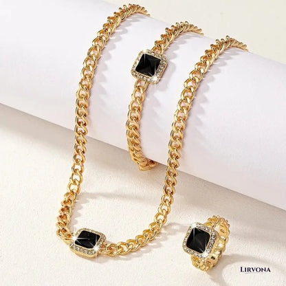 Women’s Jewelry Set Black Stainless Steel Diamond Cuban Chain Ring