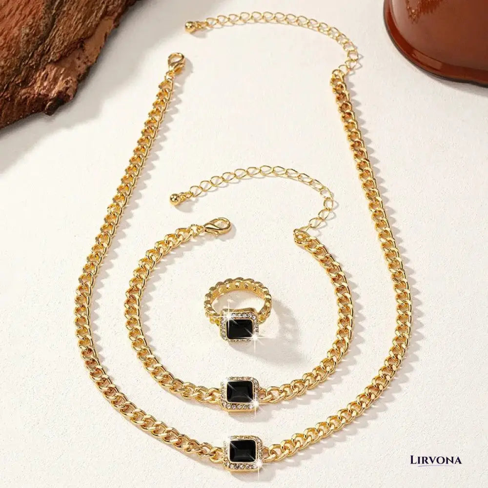 Women’s Jewelry Set Black Stainless Steel Diamond Cuban Chain Ring
