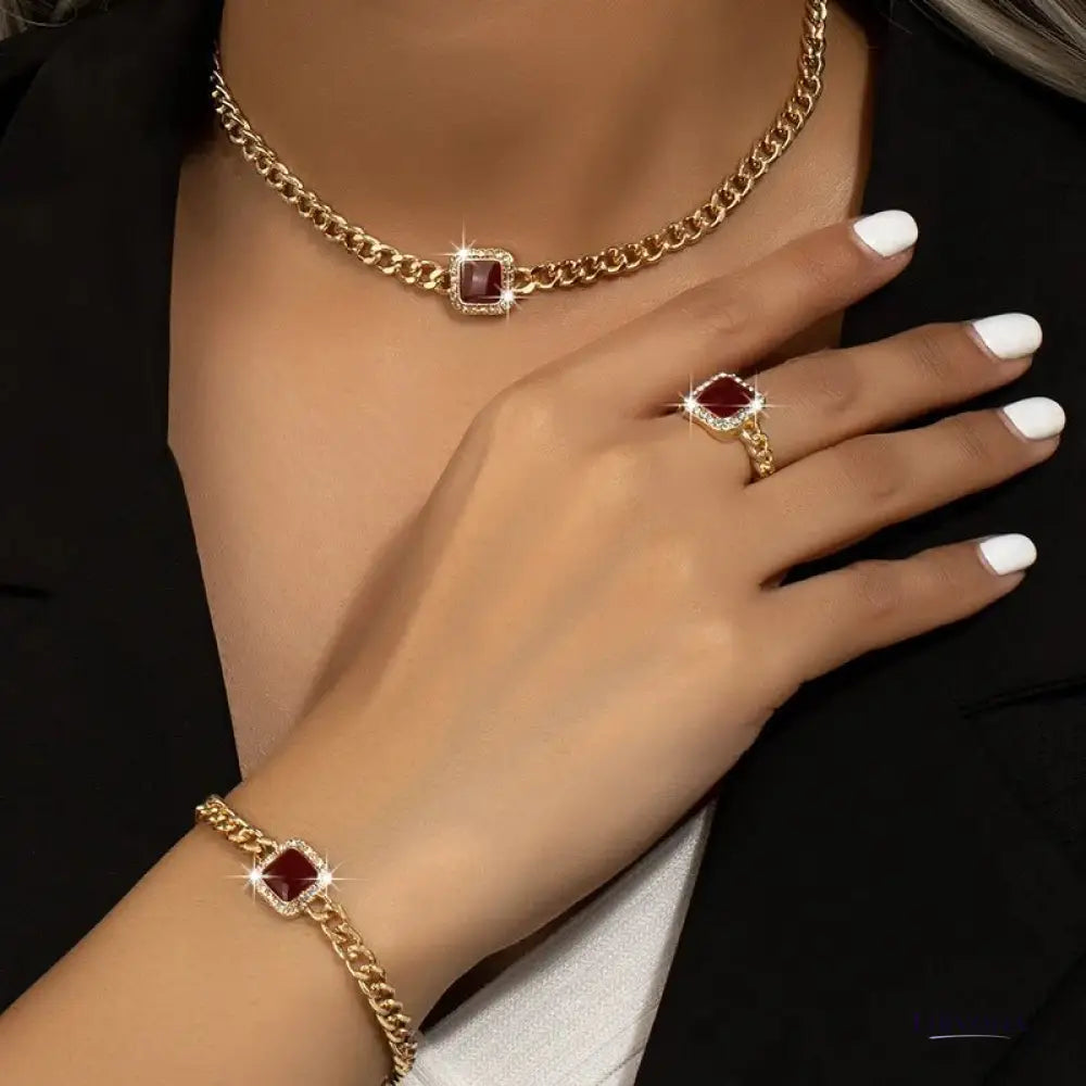 Women’s Jewelry Set Black Stainless Steel Diamond Cuban Chain Ring