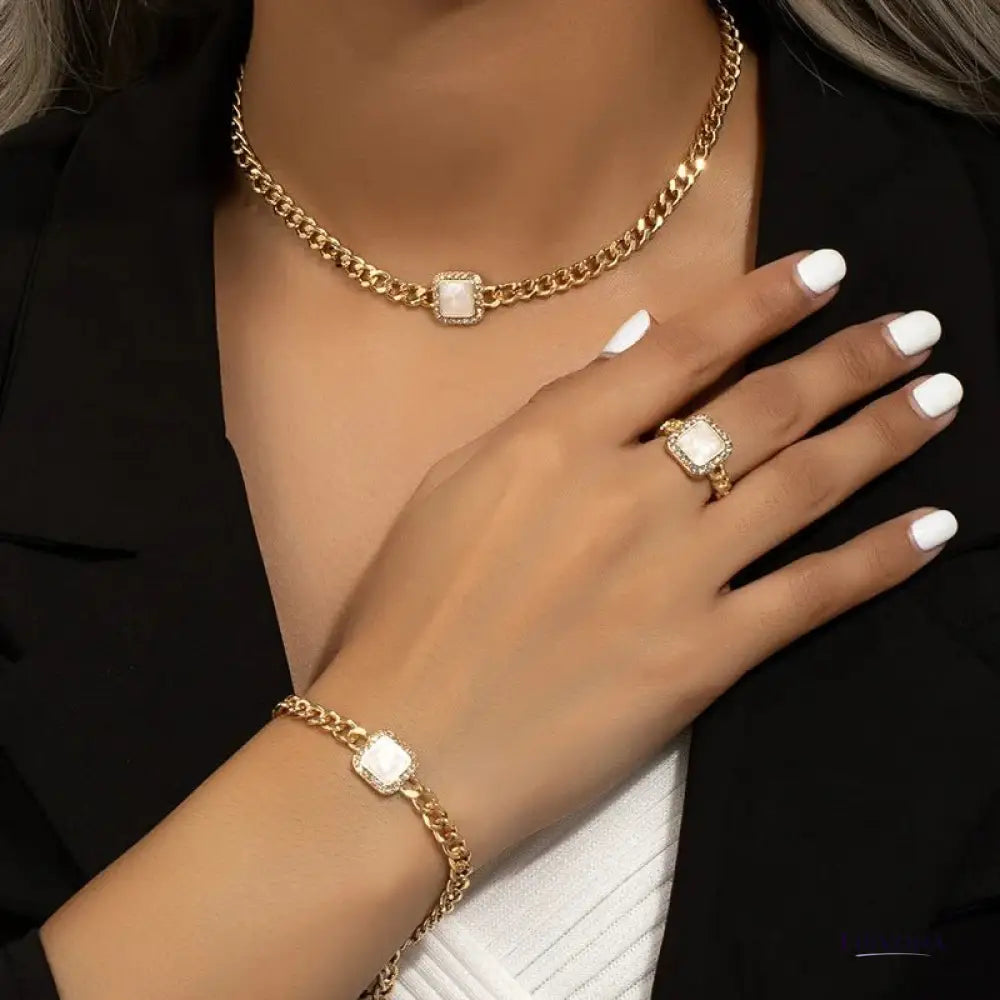 Women’s Jewelry Set Black Stainless Steel Diamond Cuban Chain Ring