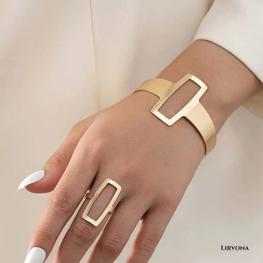 Women’s Jewelry Set Gold Stainless Steel Adjustable Bracelet and Ring