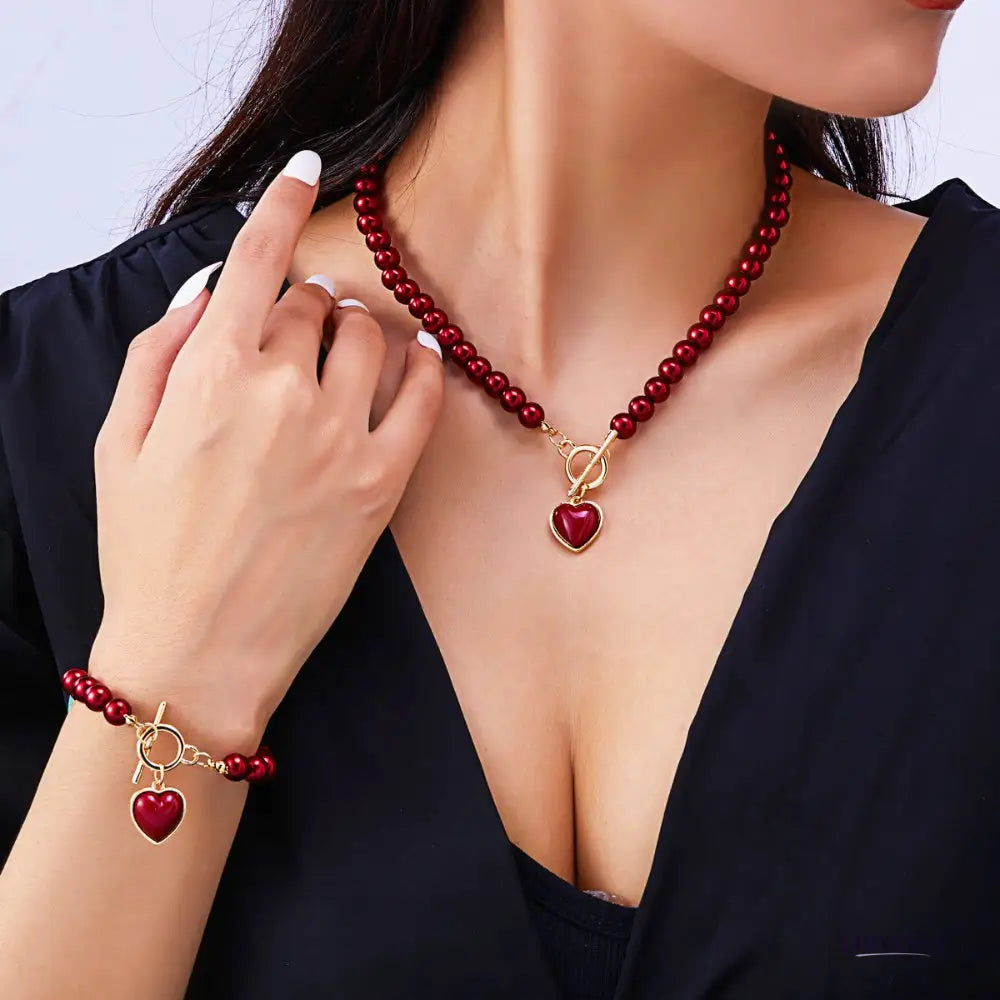 Women’s Jewelry Set White Pearl Stainless Steel Beaded Heart Pendant