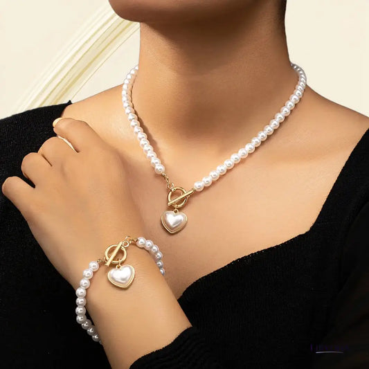 Women’s Jewelry Set White Pearl Stainless Steel Beaded Heart Pendant