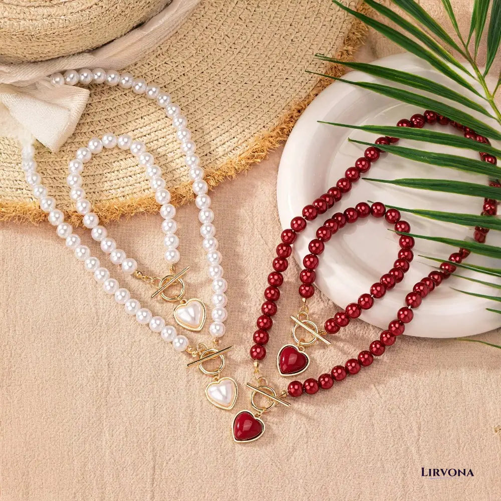Women’s Jewelry Set White Pearl Stainless Steel Beaded Heart Pendant