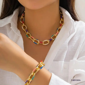 Women’s Necklace and Bracelet Set Gold Stainless Steel Colorful Accents