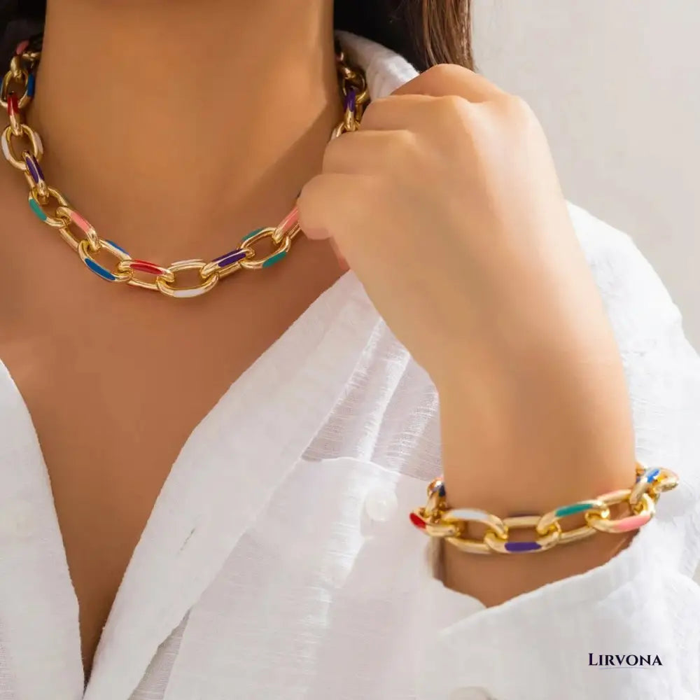 Women’s Necklace and Bracelet Set Gold Stainless Steel Colorful Accents